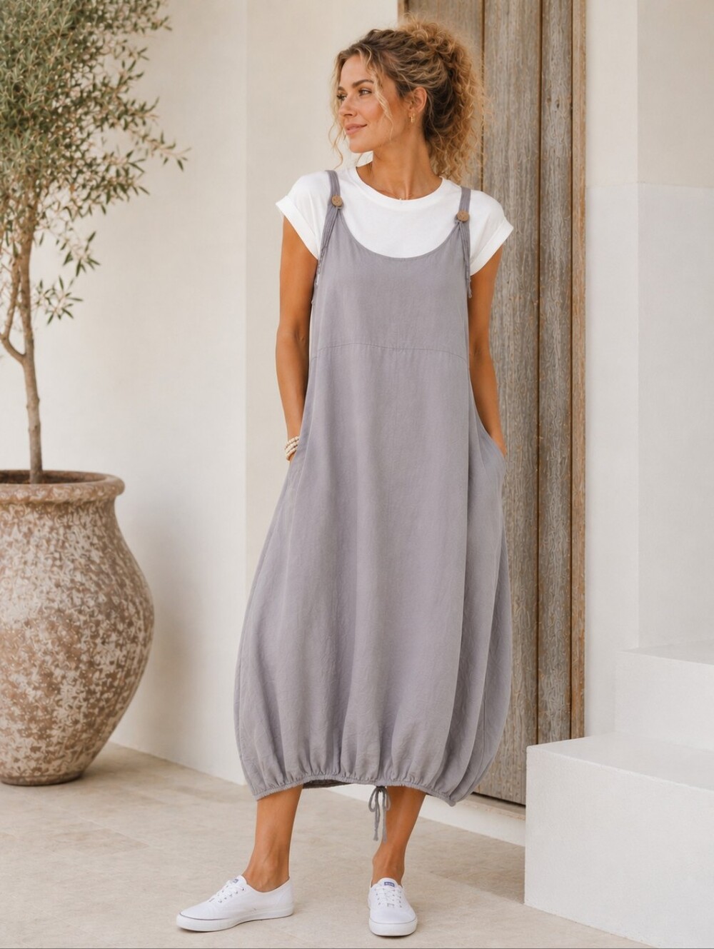 Orange Amore Made in Italy 100% Linen Bubble Hem Dress L/XL Balloon Hem Pockets - Picture 1 of 12